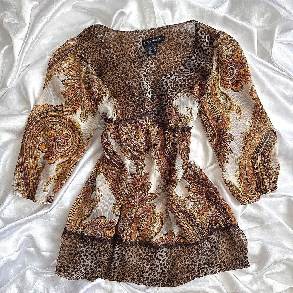 Rampage Y2K Leopard Paisley Sheer Empire Waist Blouse Brown Small